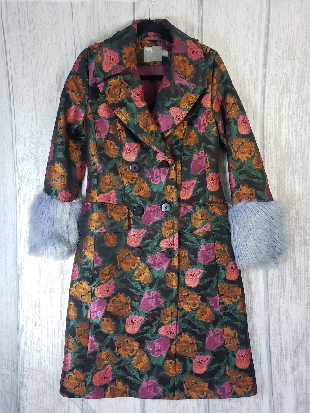ASOS Art Deco Flapper Floral jacquard Brocade Long Coat Faux Fur Cuffs Lined 6